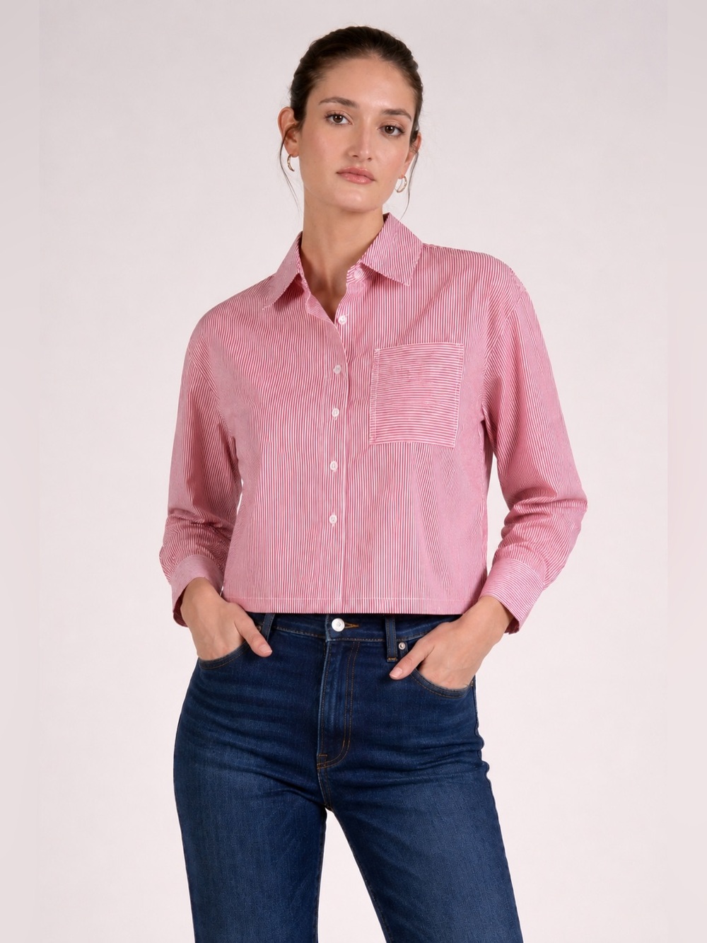 NWT Red White Stripe Poplin Cropped Button Down Shirt by Elan